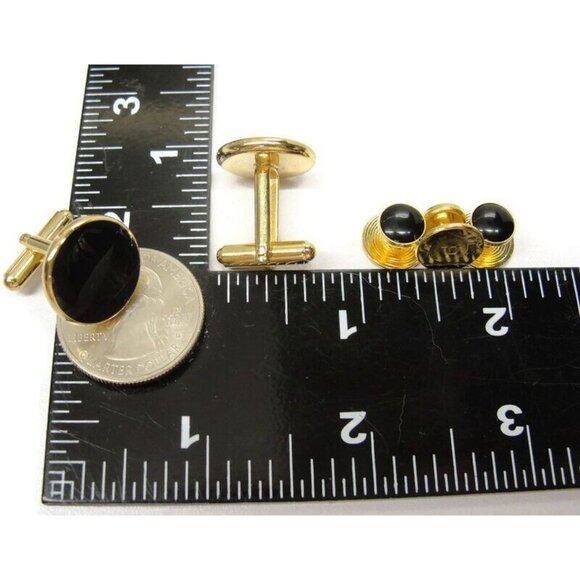 Cufflink Set Matching Black Shirt Buttons Gold Tone Formal Wedding Tux Vintage - Picture 5 of 7